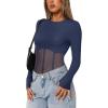 imageREORIA Womens Trendy Sexy Crew Neck Thumbholes Long Sleeve Sheer Mesh Going Out Bodysuit TopsStarry Blue