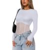 imageREORIA Womens Trendy Sexy Crew Neck Thumbholes Long Sleeve Sheer Mesh Going Out Bodysuit TopsWhite