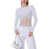 imageREORIA Womens Trendy Sexy Crew Neck Thumbholes Long Sleeve Sheer Mesh Going Out Bodysuit TopsWhite