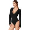 imageREORIA Womens Trendy Sexy Plunge Deep V Neck Long Sleeve Bodysuit Double Lined Going Out T Shirt TopsBlack
