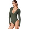 imageREORIA Womens Trendy Sexy Plunge Deep V Neck Long Sleeve Bodysuit Double Lined Going Out T Shirt TopsDark Green