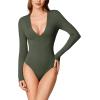 imageREORIA Womens Trendy Sexy Plunge Deep V Neck Long Sleeve Bodysuit Double Lined Going Out T Shirt TopsDark Green