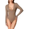 imageREORIA Womens Trendy Sexy Plunge Deep V Neck Long Sleeve Bodysuit Double Lined Going Out T Shirt TopsLatte