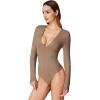 imageREORIA Womens Trendy Sexy Plunge Deep V Neck Long Sleeve Bodysuit Double Lined Going Out T Shirt TopsLatte