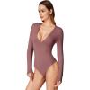 imageREORIA Womens Trendy Sexy Plunge Deep V Neck Long Sleeve Bodysuit Double Lined Going Out T Shirt TopsMarsala