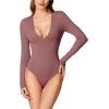 imageREORIA Womens Trendy Sexy Plunge Deep V Neck Long Sleeve Bodysuit Double Lined Going Out T Shirt TopsMarsala