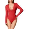 imageREORIA Womens Trendy Sexy Plunge Deep V Neck Long Sleeve Bodysuit Double Lined Going Out T Shirt TopsRed