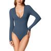 imageREORIA Womens Trendy Sexy Plunge Deep V Neck Long Sleeve Bodysuit Double Lined Going Out T Shirt TopsStar Blue