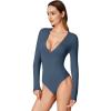 imageREORIA Womens Trendy Sexy Plunge Deep V Neck Long Sleeve Bodysuit Double Lined Going Out T Shirt TopsStar Blue