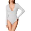 imageREORIA Womens Trendy Sexy Plunge Deep V Neck Long Sleeve Bodysuit Double Lined Going Out T Shirt TopsWhite