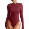 imageREORIA Women Trendy Ruched Mock Turtle Neck Thumb Hole Long Sleeve Bodysuit Lightweight Layering Sexy Slim Body Suit TopsDark Red