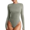 imageREORIA Women Trendy Ruched Mock Turtle Neck Thumb Hole Long Sleeve Bodysuit Lightweight Layering Sexy Slim Body Suit TopsGrey Green
