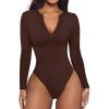 imageREORIA Womens Casual Sexy V Neck Long Sleeve Work Ribbed Fitted Thong Bodysuit TopsCoffee