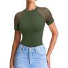 imageREORIA Womens Crew Neck Sheer Mesh Short Sleeve Bodysuits Comfy Double Lined Trendy Tank Top Body SuitsDark Green