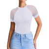 imageREORIA Womens Crew Neck Sheer Mesh Short Sleeve Bodysuits Comfy Double Lined Trendy Tank Top Body SuitsWhite