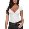 imageREORIA Womens Deep V Neck Bodysuit Double Lined Lace Bodysuit Short Sleeve Backless Top Sexy Going Out OutfitsWhite