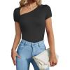 imageREORIA Womens Sexy Asymmetrical Neck Short Sleeve Ribbed Slimming Thong Bodysuit TopsBlack