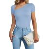 imageREORIA Womens Sexy Asymmetrical Neck Short Sleeve Ribbed Slimming Thong Bodysuit TopsLight Blue
