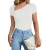 imageREORIA Womens Sexy Asymmetrical Neck Short Sleeve Ribbed Slimming Thong Bodysuit TopsWhite