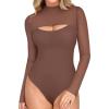 imageREORIA Womens Sexy Cutout Turtle Neck Long Sleeve Sheer Mesh Thong Bodysuits Tops Trendy Fall Going Out OutfitsCoffee
