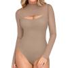 imageREORIA Womens Sexy Cutout Turtle Neck Long Sleeve Sheer Mesh Thong Bodysuits Tops Trendy Fall Going Out OutfitsKhaki