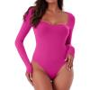 imageREORIA Womens Sexy Fall Long Sleeve Bodysuits Square Sweetheart Neck Body Suit Going Out Double Lined Thong TopNeon Rose Red