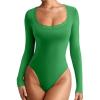 imageREORIA Womens Sexy Lace Scoop Neck Long Sleeve Double Lined Layering Slim Bodysuit TopsGreen