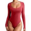 imageREORIA Womens Sexy Lace Scoop Neck Long Sleeve Double Lined Layering Slim Bodysuit TopsRed