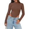 imageREORIA Womens Sexy Mock Turtleneck High Cut Double Lined Long Sleeve Slimming Bodysuits TopsCoffee