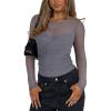imageREORIA Womens Sexy Round Neck Long Sleeve Trendy Front Twist Knot Sheer Mesh Ruched Going Out Bodysuits TopsDeep Grey