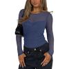 imageREORIA Womens Sexy Round Neck Long Sleeve Trendy Front Twist Knot Sheer Mesh Ruched Going Out Bodysuits TopsStarry Blue