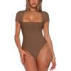 imageREORIA Womens Sexy Square Neck Double Lined Shirt Stretchy Basic Short Sleeve Going Out Thong Bodysuit TopsCoffee