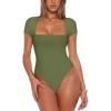 imageREORIA Womens Sexy Square Neck Double Lined Shirt Stretchy Basic Short Sleeve Going Out Thong Bodysuit TopsDark Green