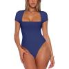 imageREORIA Womens Sexy Square Neck Double Lined Shirt Stretchy Basic Short Sleeve Going Out Thong Bodysuit TopsDeep Blue