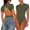 imageREORIA Womens Trendy Sexy Backless Body Suit Double Lined Crew Neck Short Sleeve Going Out Bodysuits TopsDark Green