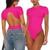 imageREORIA Womens Trendy Sexy Backless Body Suit Double Lined Crew Neck Short Sleeve Going Out Bodysuits TopsNeon Rose Red