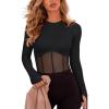 imageREORIA Womens Trendy Sexy Crew Neck Thumbholes Long Sleeve Sheer Mesh Going Out Bodysuit TopsBlack