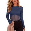 imageREORIA Womens Trendy Sexy Crew Neck Thumbholes Long Sleeve Sheer Mesh Going Out Bodysuit TopsStarry Blue