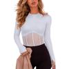 imageREORIA Womens Trendy Sexy Crew Neck Thumbholes Long Sleeve Sheer Mesh Going Out Bodysuit TopsWhite