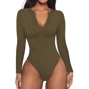 imageREORIA Womens Casual Sexy V Neck Long Sleeve Work Ribbed Fitted Thong Bodysuit TopsArmy Green