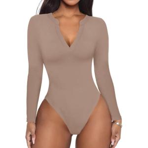 imageREORIA Womens Casual Sexy V Neck Long Sleeve Work Ribbed Fitted Thong Bodysuit TopsKhaki