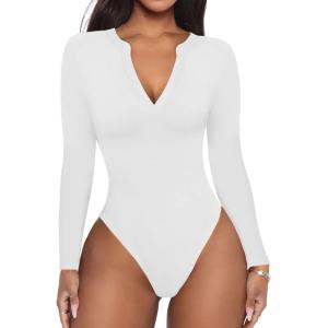 imageREORIA Womens Casual Sexy V Neck Long Sleeve Work Ribbed Fitted Thong Bodysuit TopsWhite