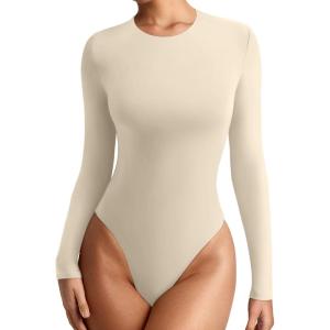 imageREORIA Womens Crew Neck Long Sleeve Bodysuits Basic Slim Fit Comfy Lightweight Layering Top Fall Winter OutfitsApricot