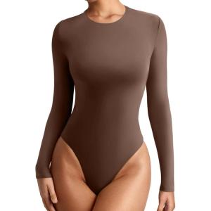 imageREORIA Womens Crew Neck Long Sleeve Bodysuits Basic Slim Fit Comfy Lightweight Layering Top Fall Winter OutfitsCoffee