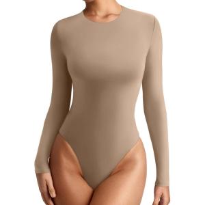 imageREORIA Womens Crew Neck Long Sleeve Bodysuits Basic Slim Fit Comfy Lightweight Layering Top Fall Winter OutfitsKhaki