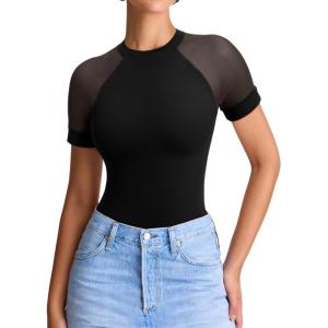 imageREORIA Womens Crew Neck Sheer Mesh Short Sleeve Bodysuits Comfy Double Lined Trendy Tank Top Body SuitsBlack