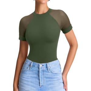 imageREORIA Womens Crew Neck Sheer Mesh Short Sleeve Bodysuits Comfy Double Lined Trendy Tank Top Body SuitsDark Green