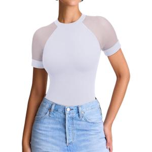 imageREORIA Womens Crew Neck Sheer Mesh Short Sleeve Bodysuits Comfy Double Lined Trendy Tank Top Body SuitsWhite