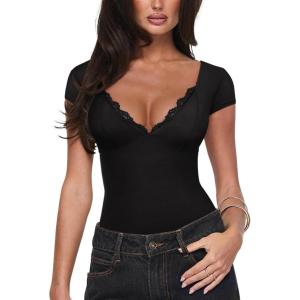 imageREORIA Womens Deep V Neck Bodysuit Double Lined Lace Bodysuit Short Sleeve Backless Top Sexy Going Out OutfitsBlack