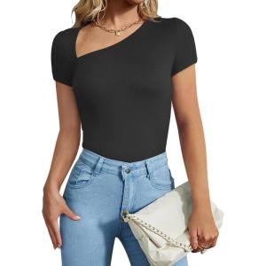 imageREORIA Womens Sexy Asymmetrical Neck Short Sleeve Ribbed Slimming Thong Bodysuit TopsBlack
